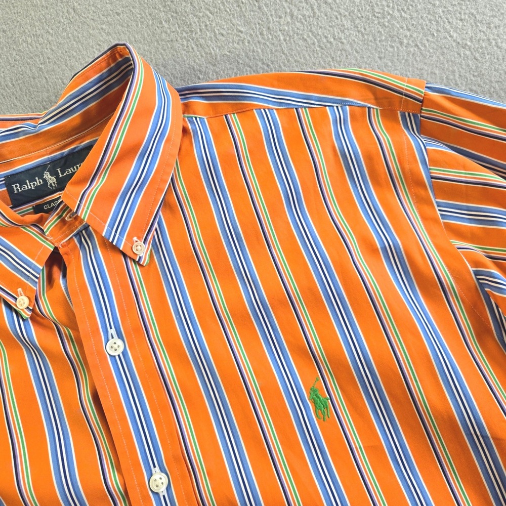 Ralph Lauren Button Down Shirt Mens XL Orange Blue Stripe Classic Fit LS